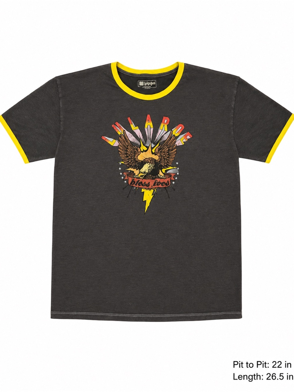 LuLaRoe Bless Lives Eagle Graphic Ringer Tee M Charcoal Yellow Retro